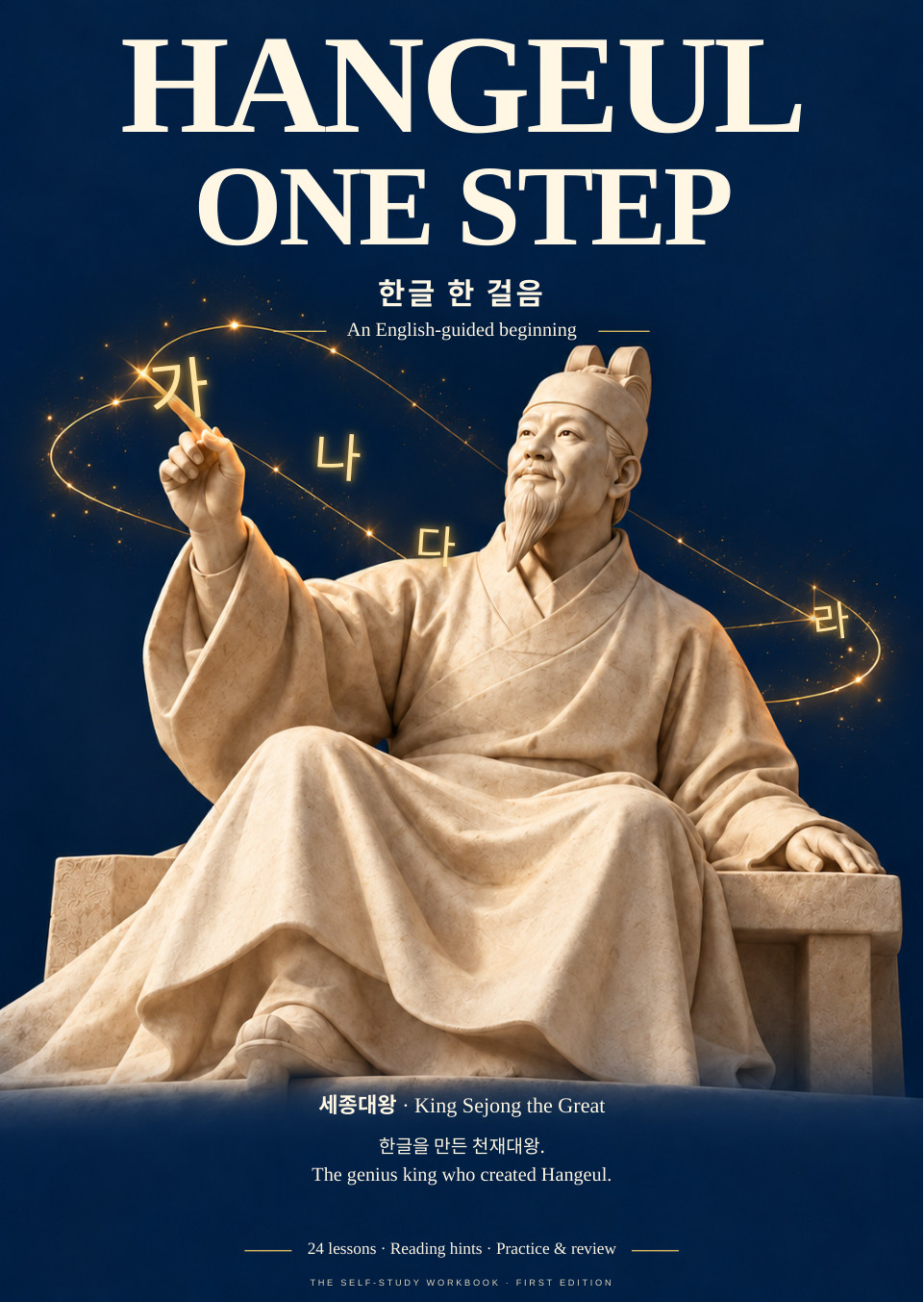 한글 한 걸음 남색 표지. 세종대왕 / King Sejong the Great. 한글을 만든 천재대왕. The genius king who created Hangeul. AI-generated illustration of King Sejong teaching 가, 나, 다, 라.
